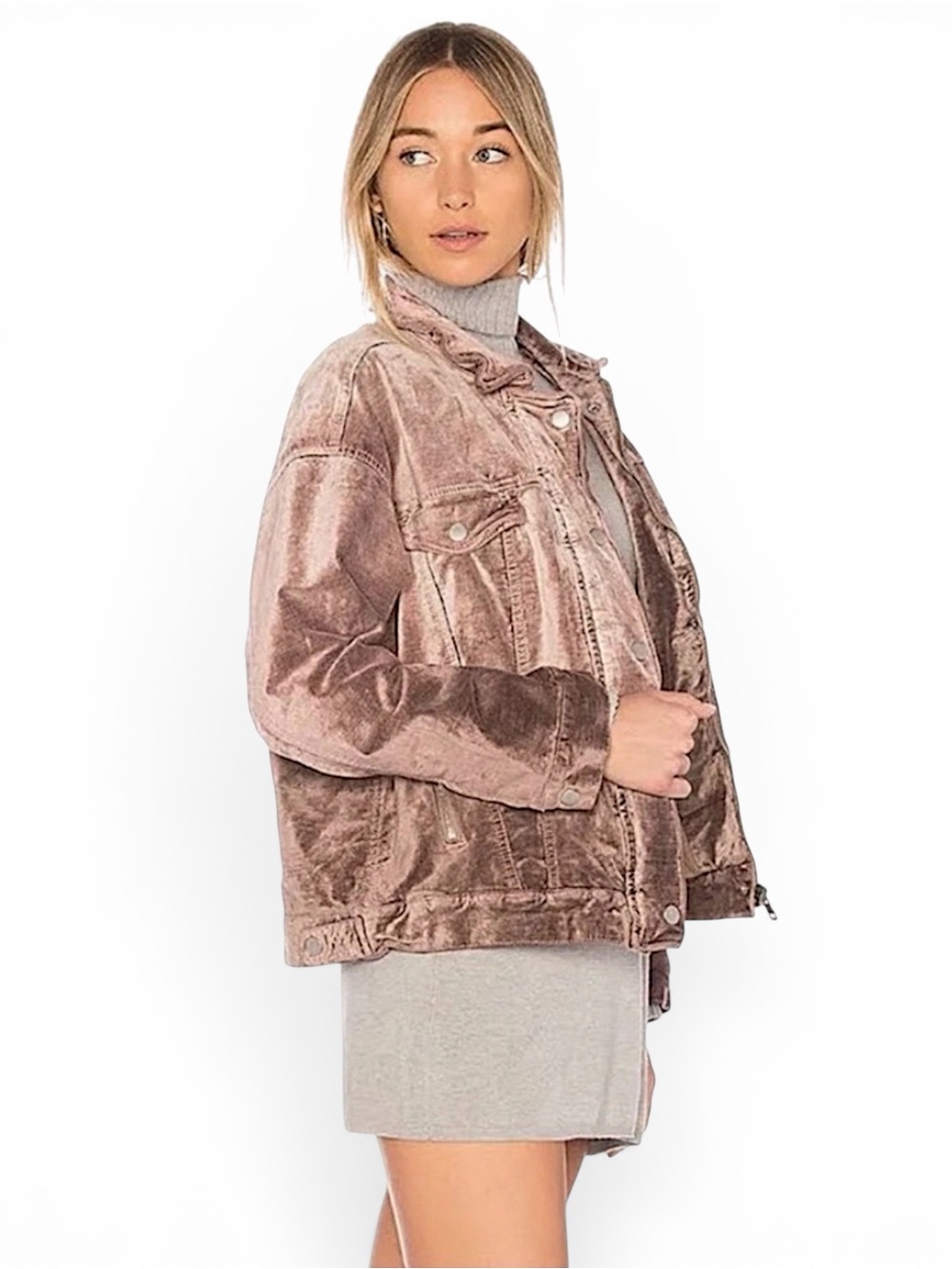Free People Velvet Trucker Zip Up Snap Button Jacket
